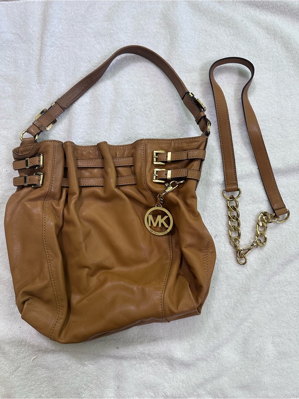 Michael Kors Cognac Leather Shoulder Bag with Gold MK Pendant